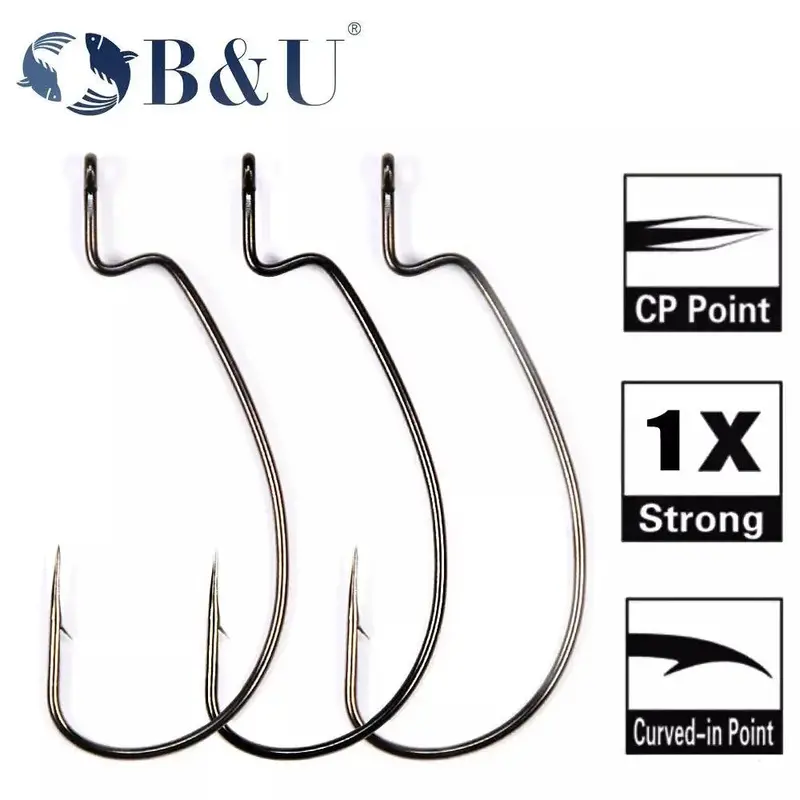 B&U Thin-Wire Ewg Worm Hooks – 12-Piece Carbon Steel Offset Set 1