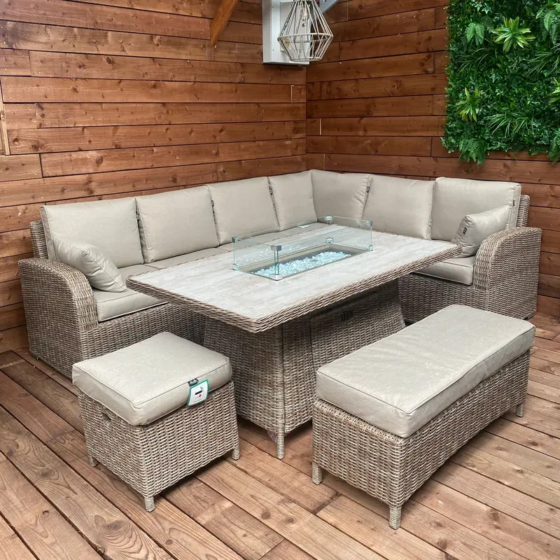 Cotswold Large Outdoor Corner Lounge With Firepit Table – Heather Beige 1