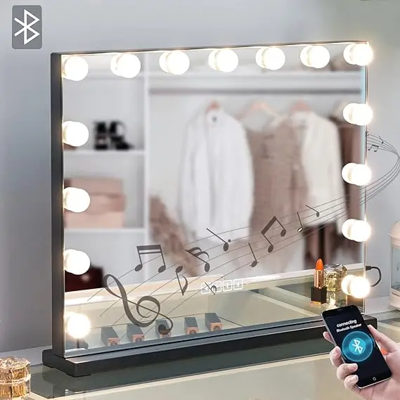 Hollywood-Style Bluetooth Makeup Mirror With Integrated Speakers – Matte Black Finish 1