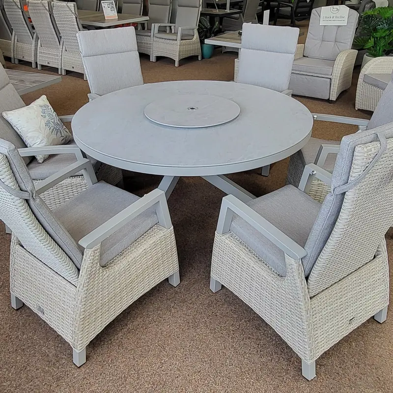 Kendal Six-Seat Natural Sintered Stone Round Dining Set With Ecru All-Weather Cushions – Vila 1