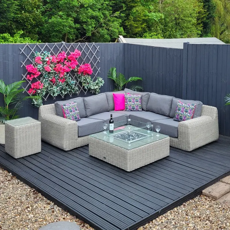 Luxor Outdoor Corner Set With Integrated Firepit Table – Whitewashed Modern Design 1