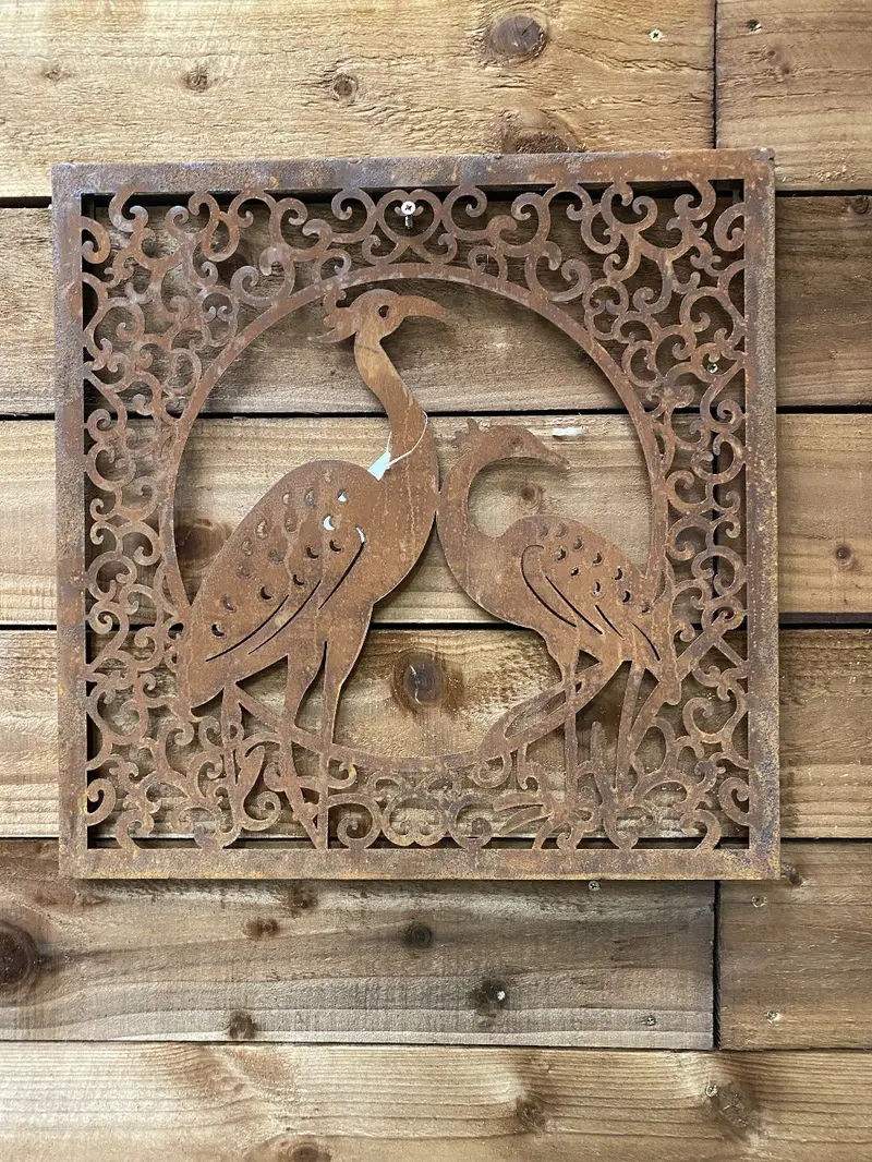 Metal Peacock Wall Art – Square Decorative Garden Or Indoor Plaque 1