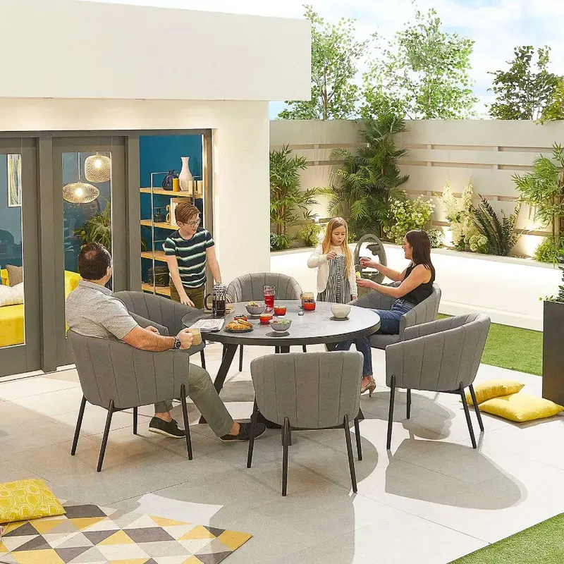 Nova Edge 6-Seat Round Outdoor Dining Set – Modern Fabric-Upholstered Table & Chairs 1