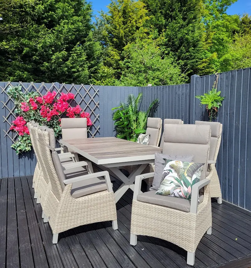 Vila Kendal All-Weather 8-Person Extending & Reclining Outdoor Dining Set – Natural Finish 1