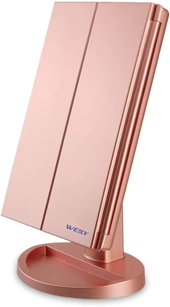 Weily Rose Gold Trifold Vanity Mirror – Led-Lit, 1X/2X/3X Magnification, Touch Control & Usb Charging 1